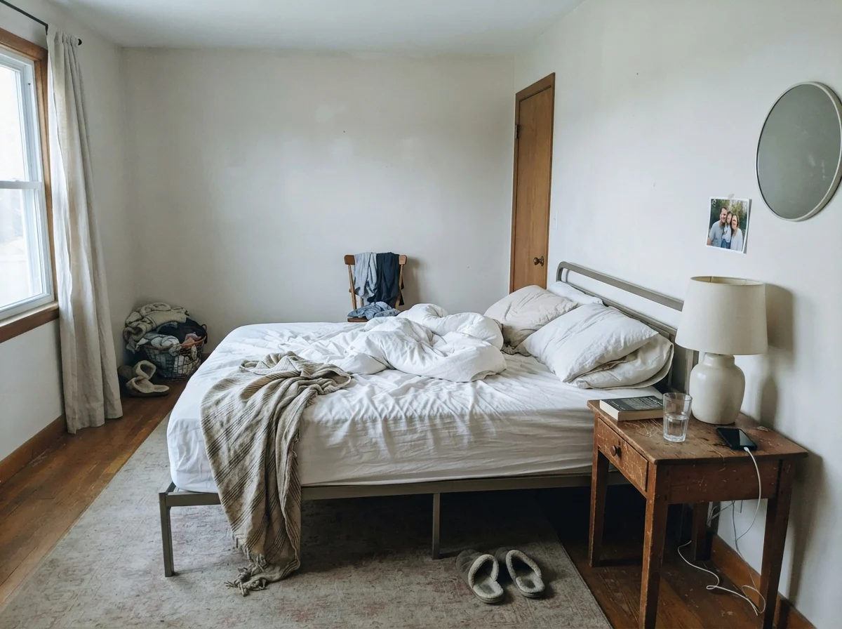 Simple bedroom with pale morning light, wood nightstand, and painted walls.