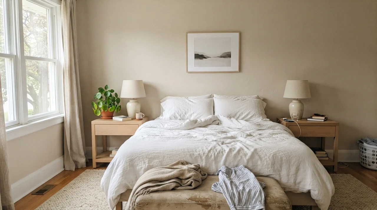 Main bedroom with Neutral Ground walls, white linen bedding, and pale oak nightstands.