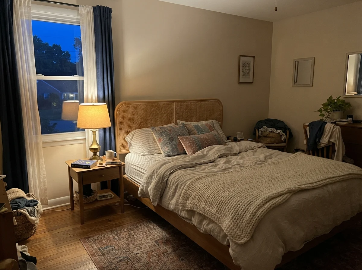 Bedroom at dusk with a single warm table lamp illuminating the painted wall.