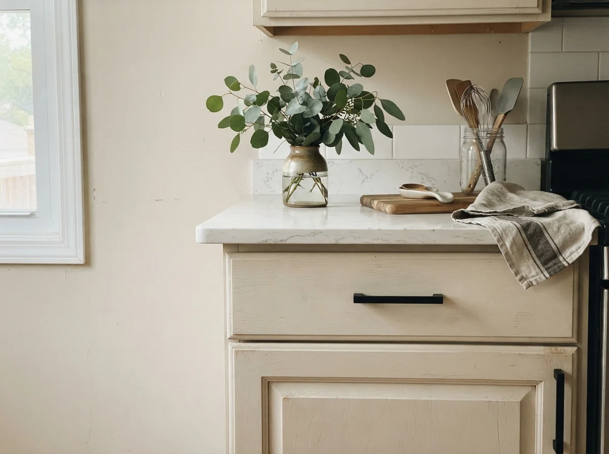 Close-up of shaker cabinet doors in Neutral Ground with matte black handles.