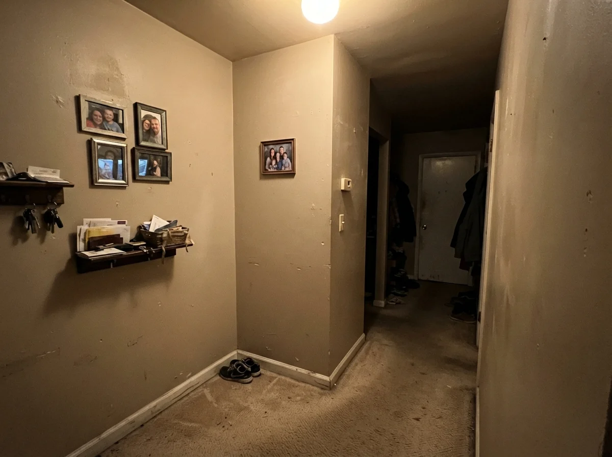 Deliberately unflattering photo of a windowless hallway corner painted Neutral Ground reading flat and muddy.