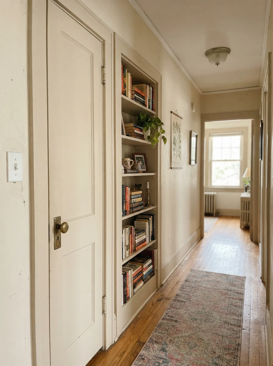 Hallway interior door and built-in bookshelf painted in Neutral Ground against cream walls.