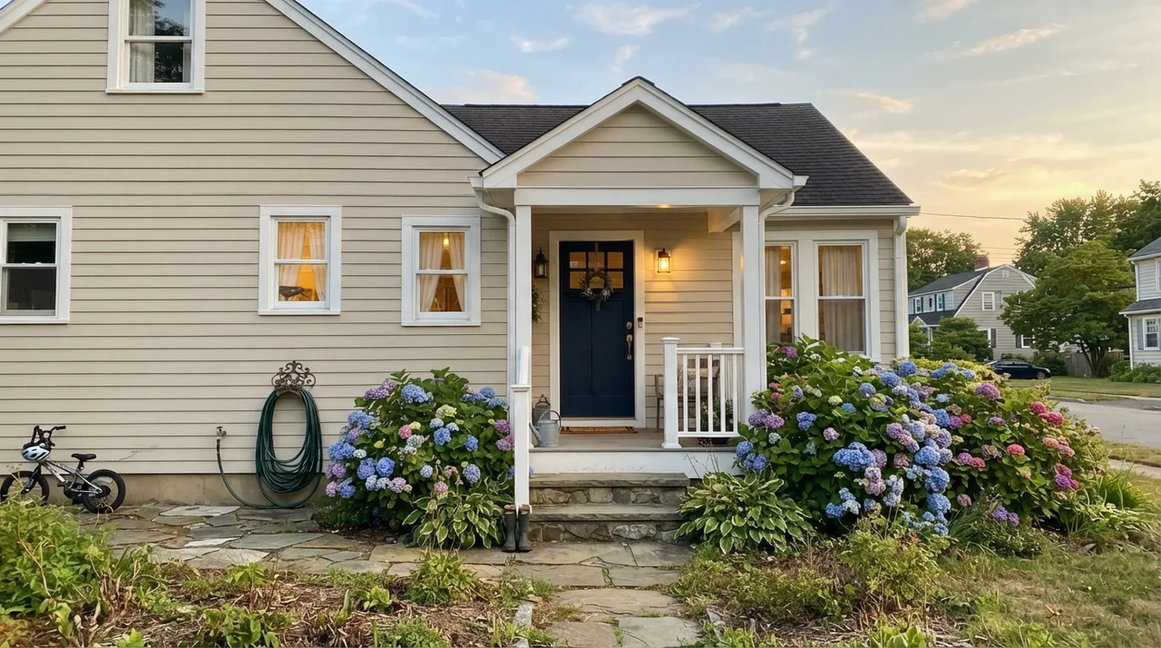 House exterior horizontal siding painted in Neutral Ground with white trim and dark navy front door.