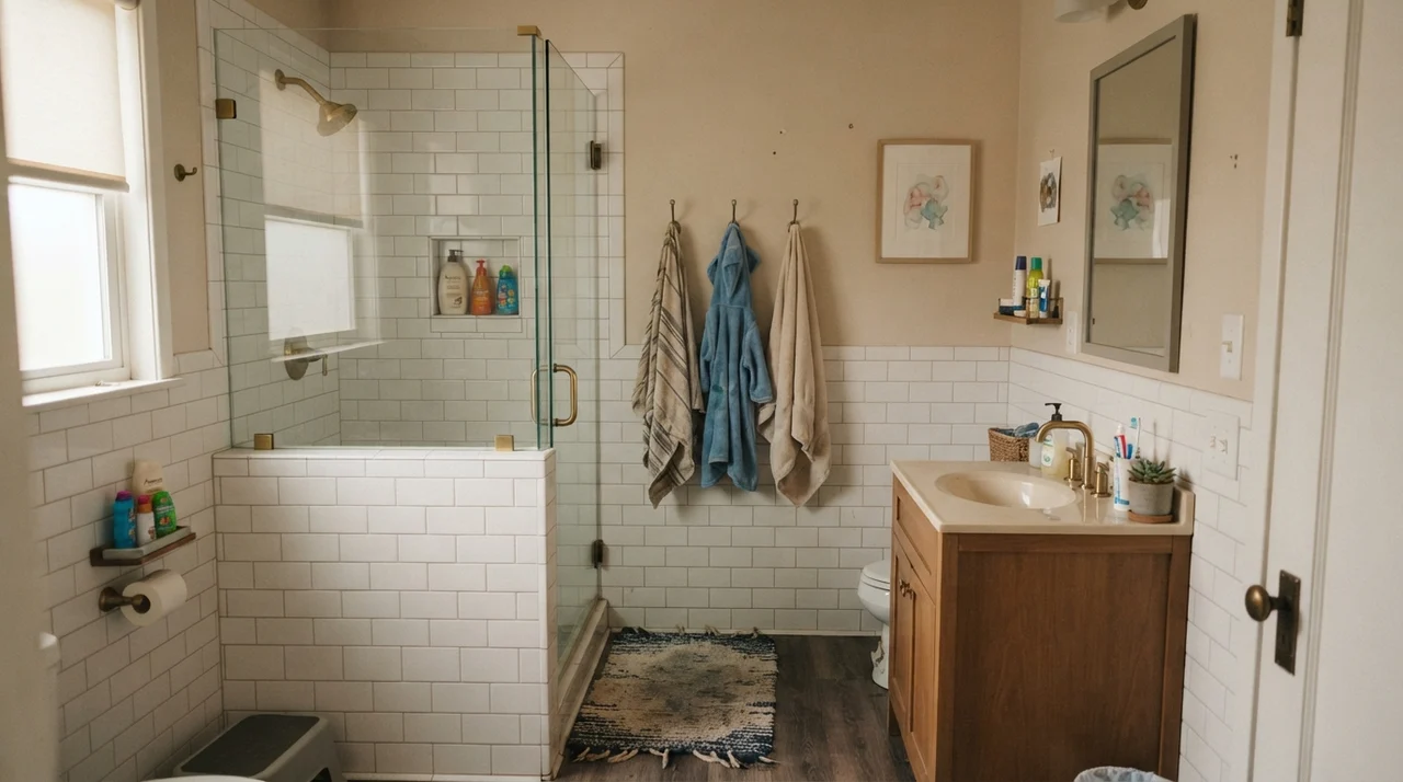 Family bathroom with Neutral Ground upper walls above white subway tile wainscot and brass fixtures.