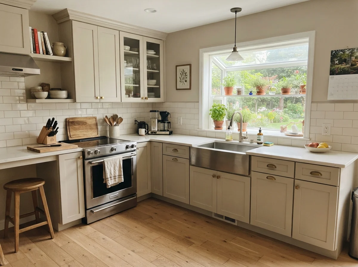 Kitchen shaker cabinets painted Neutral Ground with white subway backsplash and oak floors.