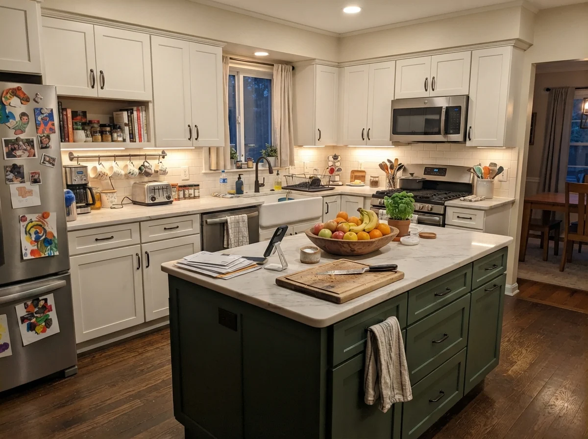 Kitchen island painted Neutral Ground surrounded by white cabinets and everyday kitchen life.