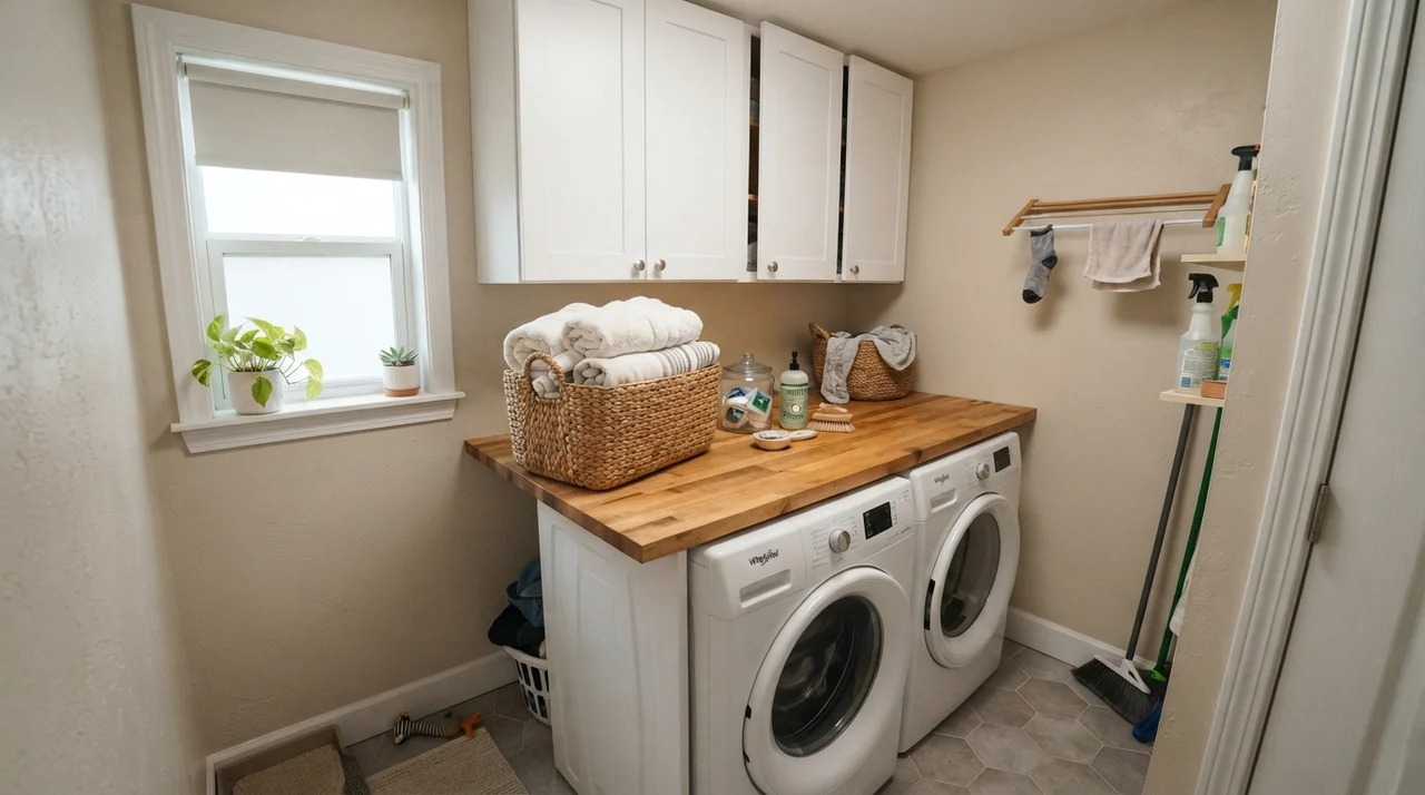 Bright laundry room with painted walls, white washer dryer, and butcher-block counter.