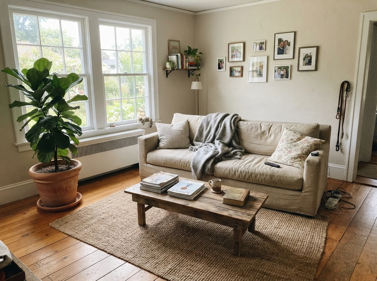 Living room filled with bright midday sun, linen sofa, wood coffee table, and Neutral Ground walls.