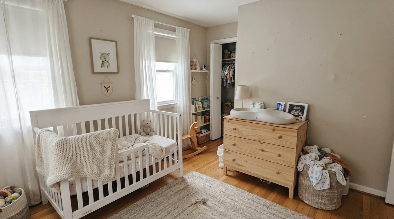 Nursery featuring painted walls, white crib, knit blanket, and light wood dresser.