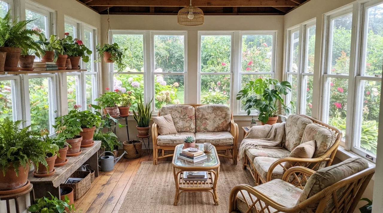 Sunroom with Neutral Ground walls between multiple white windows, filled with plants and rattan.