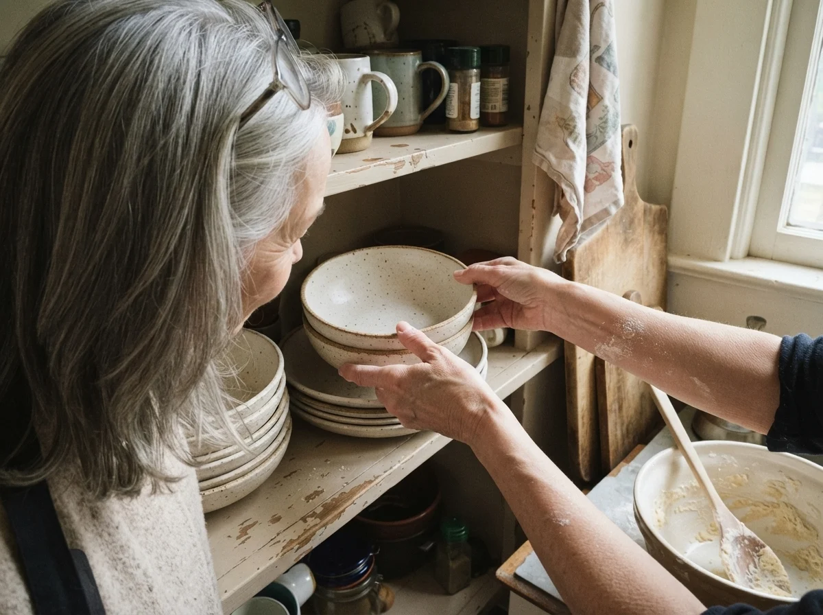 Susan Hartley in her kitchen unstacking stoneware bowls against warm Neutral Ground walls.