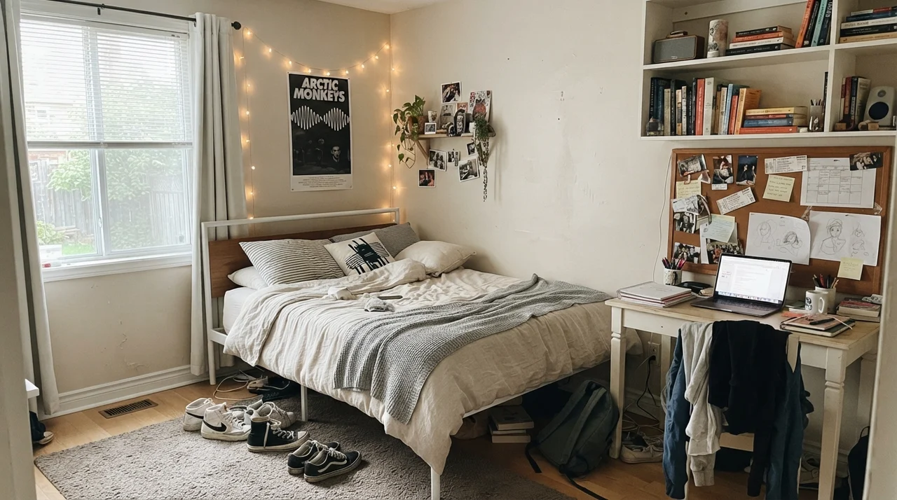 Teen bedroom with painted walls, white metal bed frame, and small study desk.