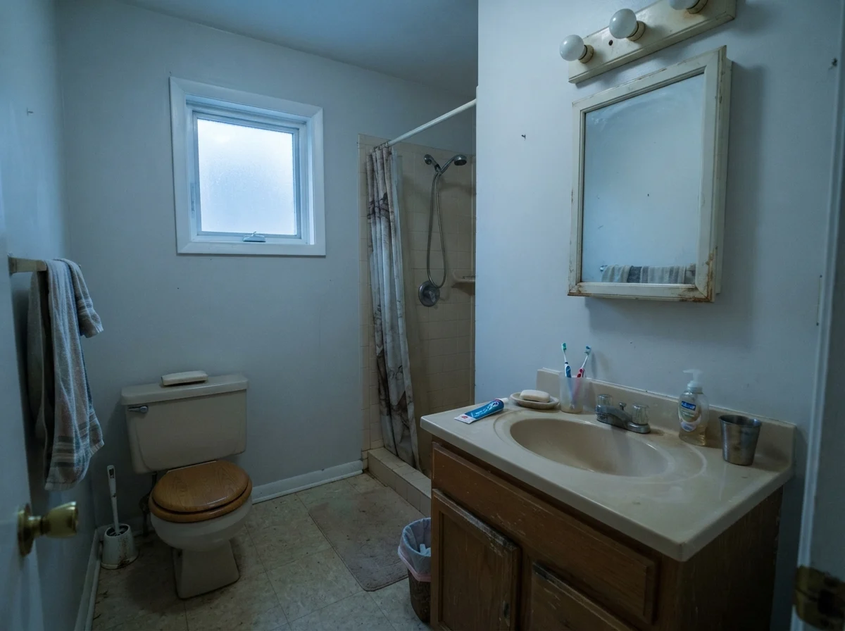 Modest bathroom with painted walls picking up a cool cast from a small north window beside a beige vanity.