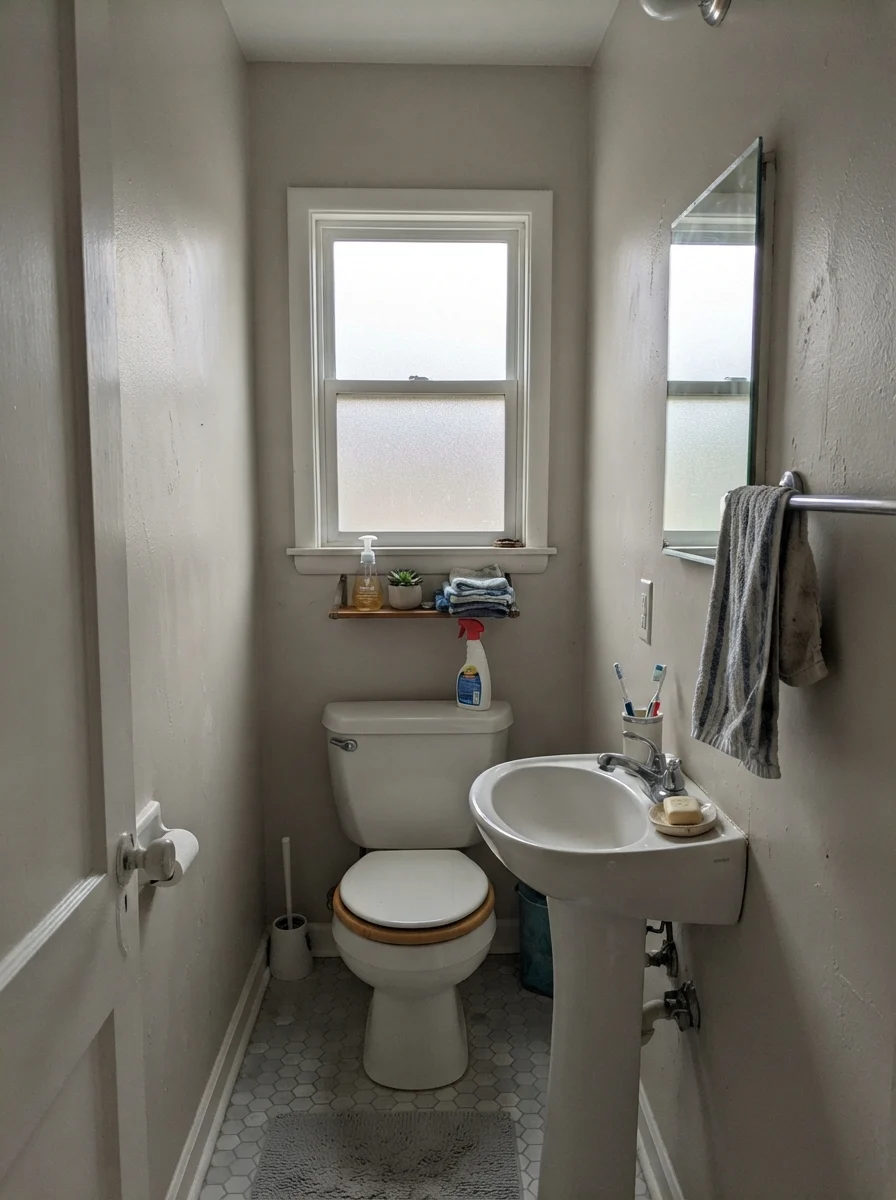 Small bathroom with painted walls looking muted in flat overcast light, white fixtures.
