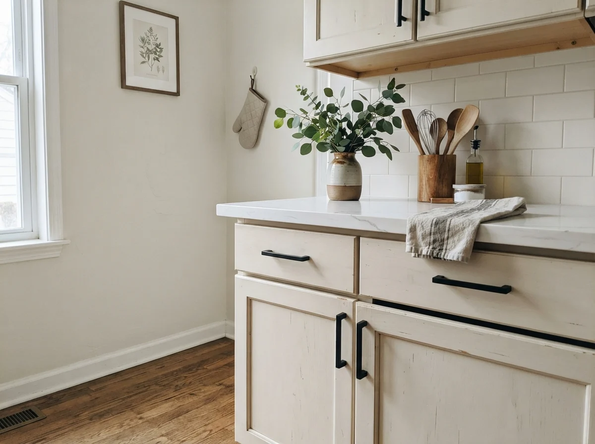 Close-up of painted shaker cabinets with matte black handles and white quartz counter.