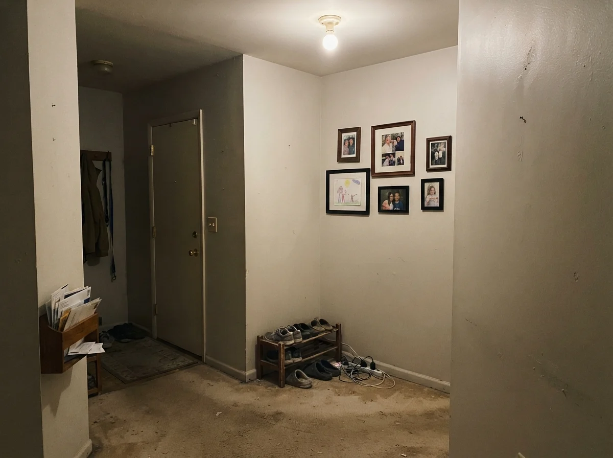 Windowless hallway corner showing the paint reading flat and muddy under a single ceiling bulb beside beige carpet.