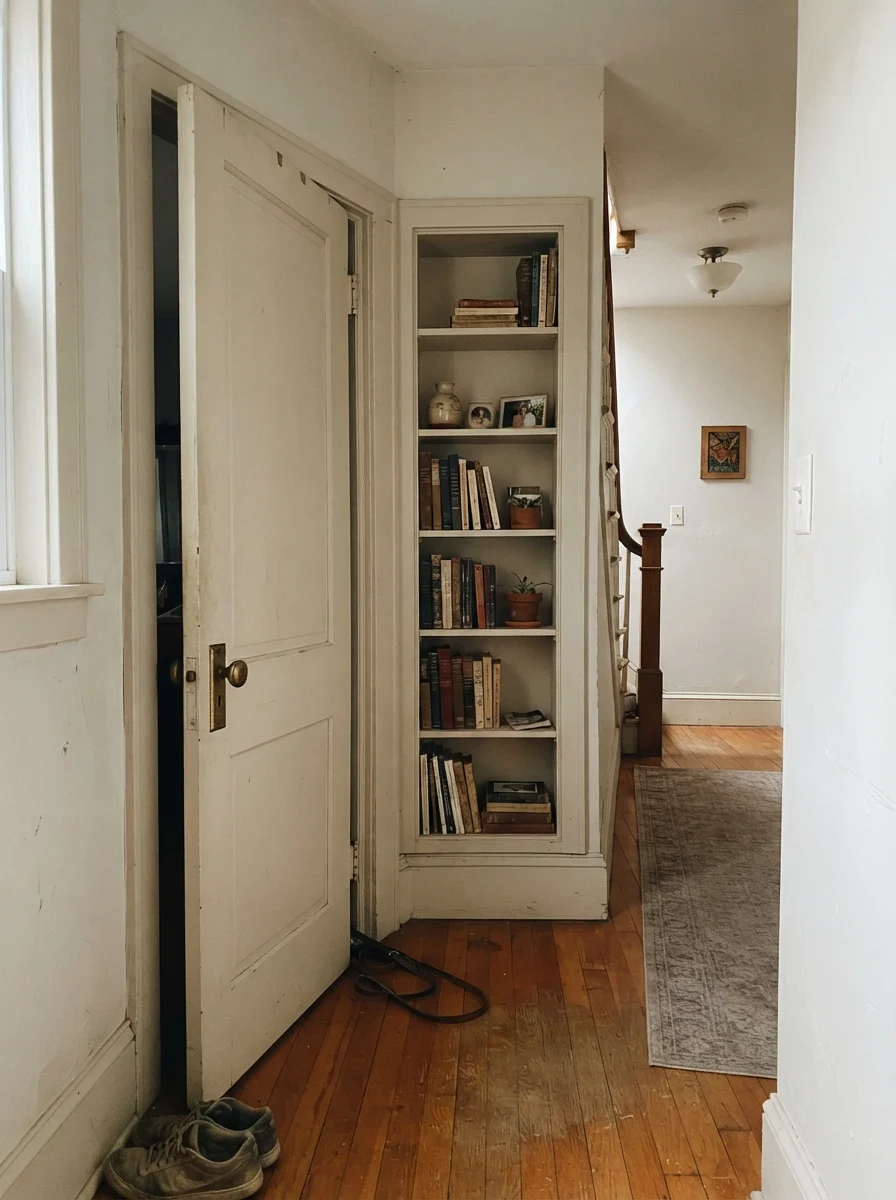 Hallway door and built-in bookshelf painted the color with brass hardware against cream walls.