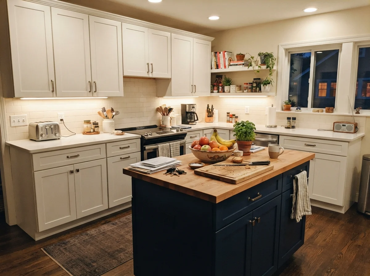 Family kitchen with painted island, surrounding white cabinets, and warm under-cabinet lighting.
