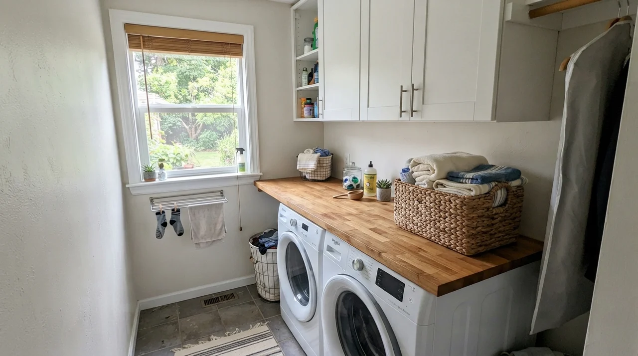 Bright laundry room with painted walls, butcher block counter, white washer dryer, and basket of towels.