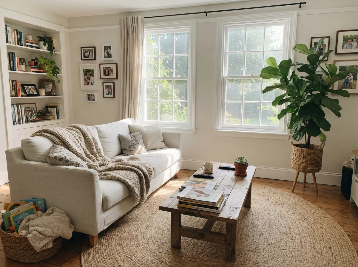Living room with painted walls, linen sofa, wood coffee table, and jute rug in bright midday light.