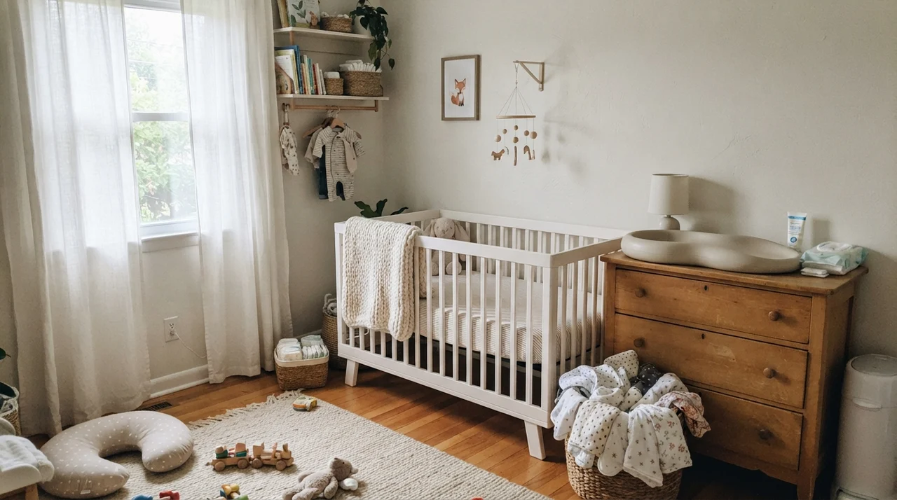 Nursery with painted walls, white crib, knit blanket, and light-wood dresser.