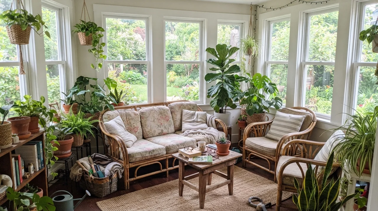 Sunroom with painted walls, white-framed windows, rattan furniture, and terracotta pots.