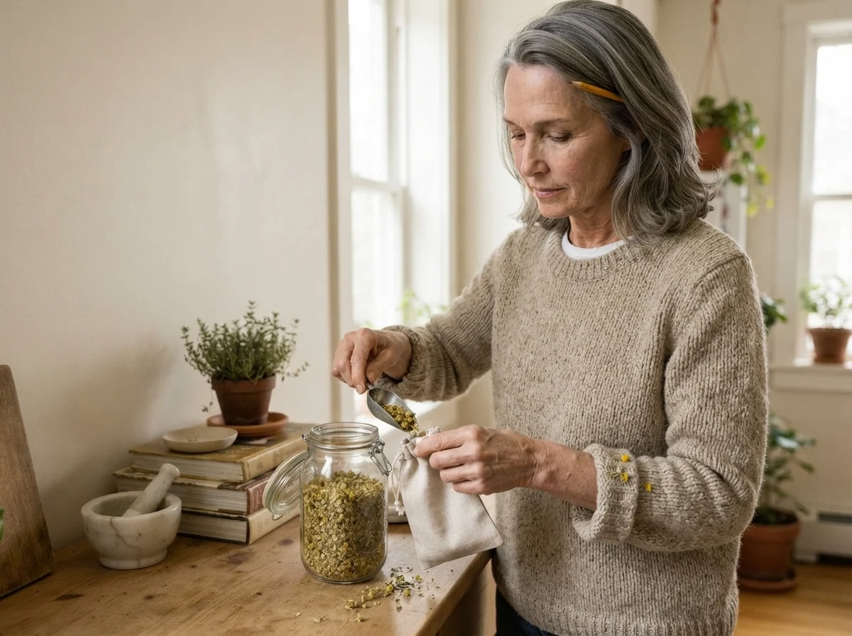 Susan Hartley filling sachets with dried chamomile at a sideboard against Origami White walls.