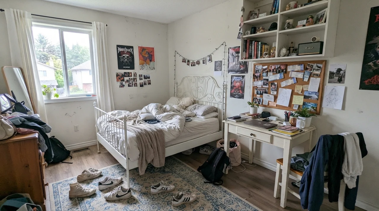 Teenager room with painted walls, white metal bed frame, and small white desk.