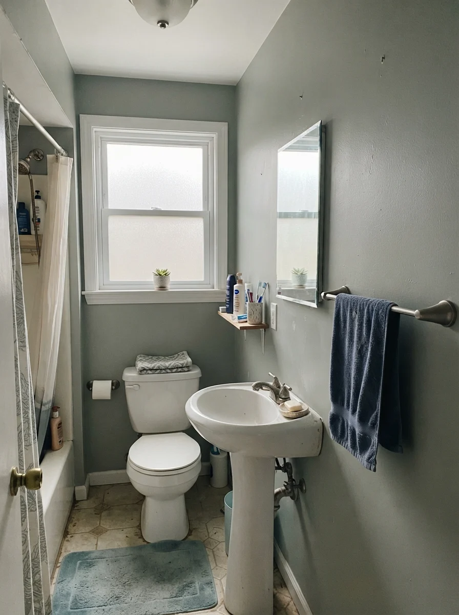 Small bathroom on an overcast day with muted gray-toned walls and white fixtures.