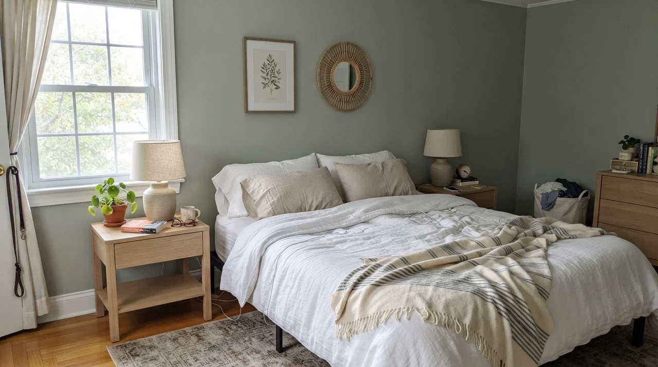 Main bedroom with painted walls, white linen bedding, and pale oak furniture.