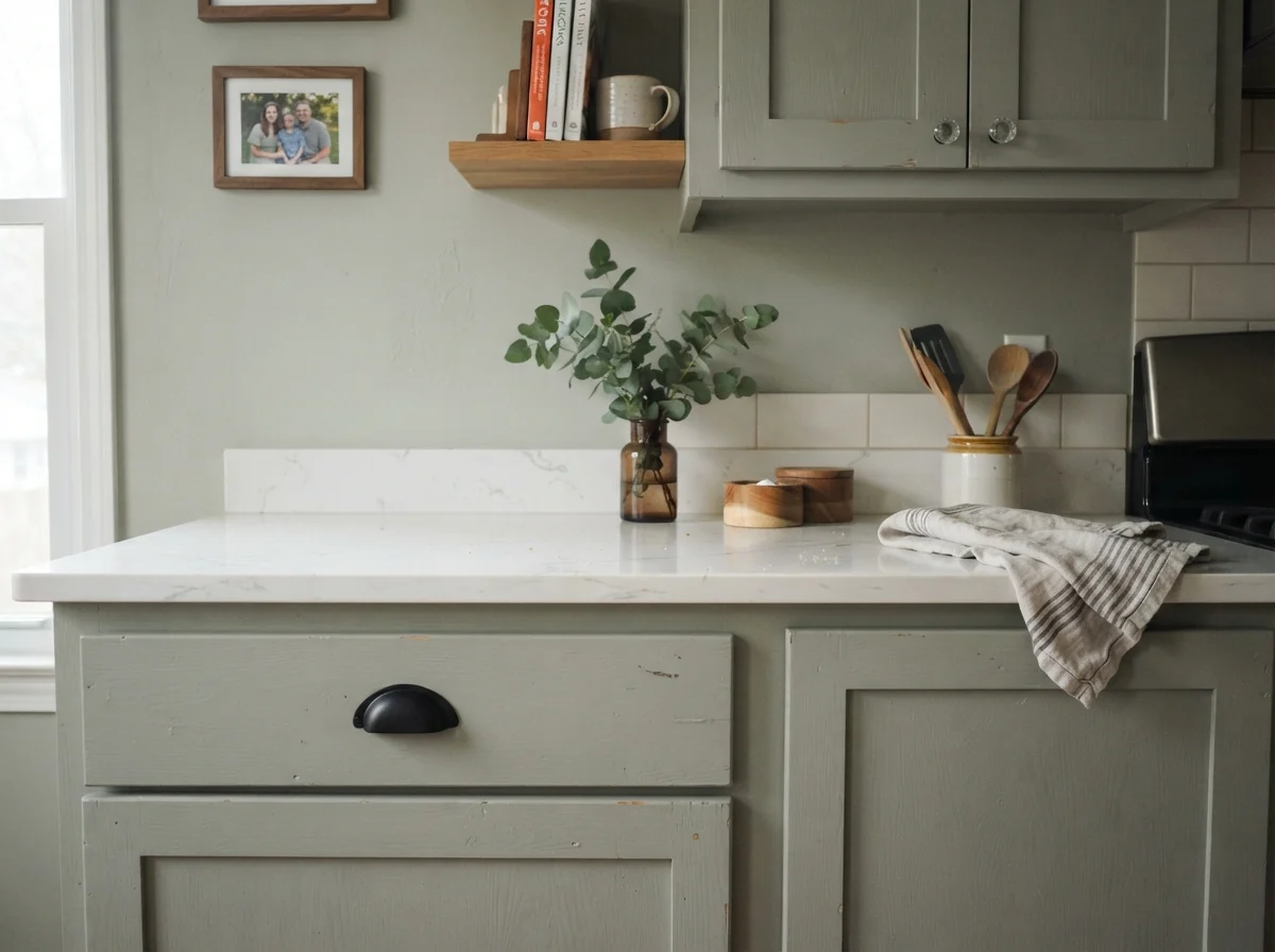 Close-up of Oyster Bay painted shaker cabinet fronts with black hardware and quartz counter.