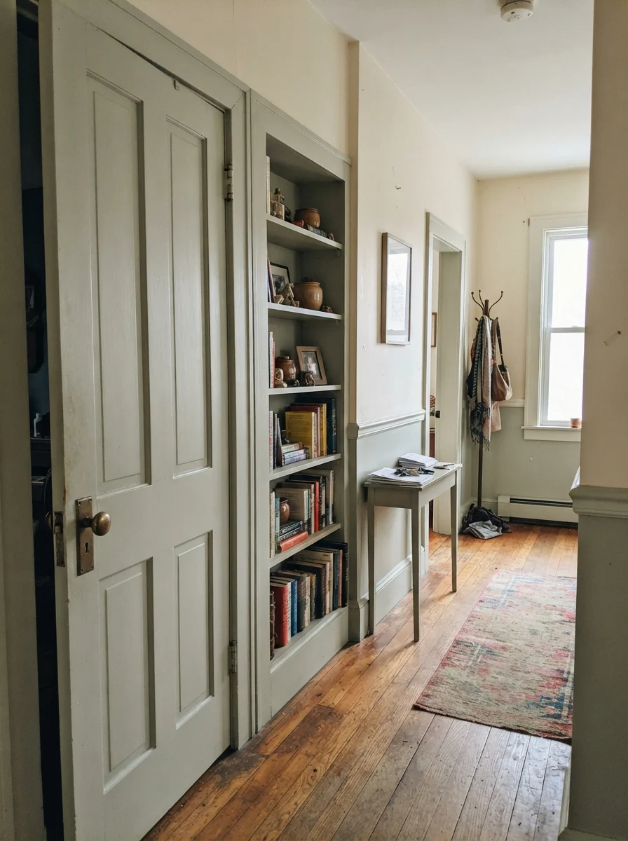 Hallway with painted door and built-in bookshelf against cream walls.