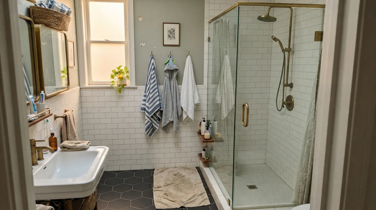 Family bathroom with Oyster Bay walls, white subway tile wainscoting, brass fixtures, and a glass shower door.