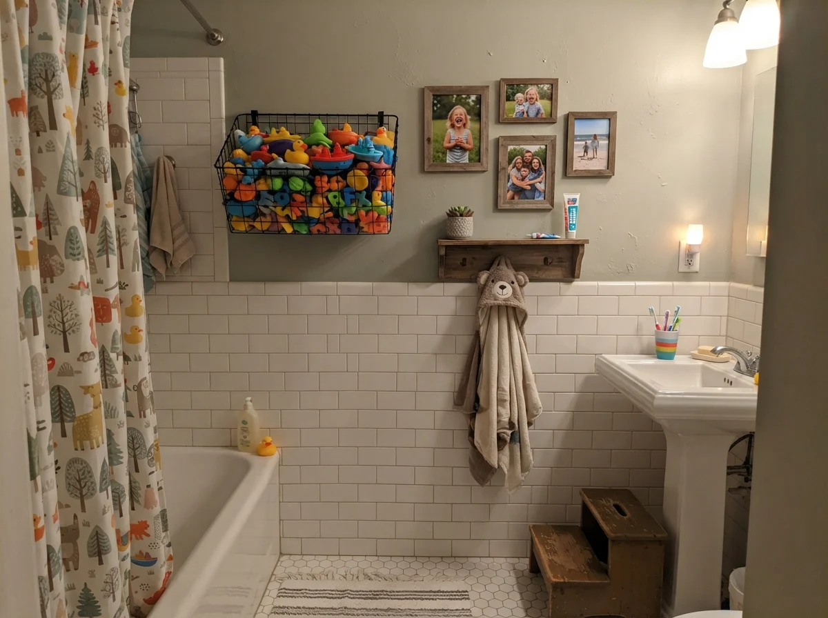 Kids' bathroom with painted walls over white subway wainscot, shower curtain, and bath toys.