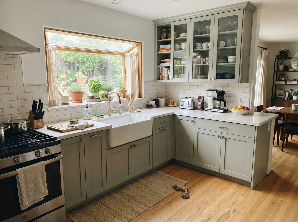 Kitchen with Oyster Bay shaker cabinets, white subway tile, and light oak floor.