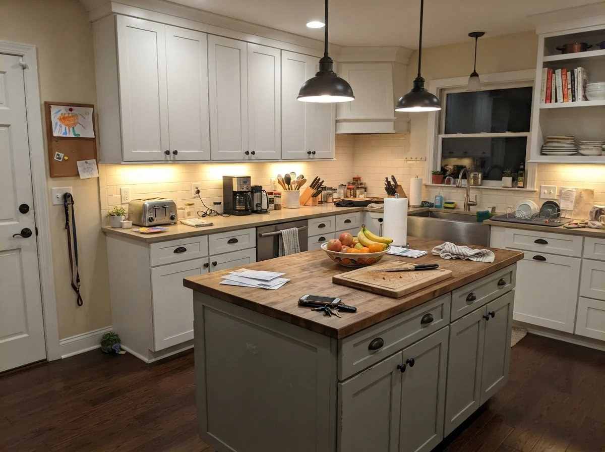 Kitchen island painted Oyster Bay with white perimeter cabinets and warm lighting.
