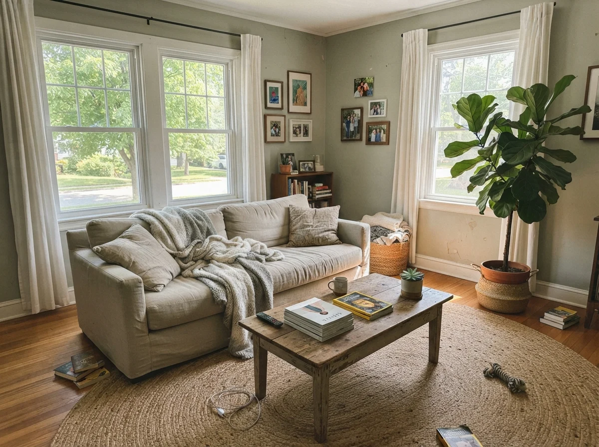 Sunlit living room with Oyster Bay walls, linen sofa, and wood coffee table.
