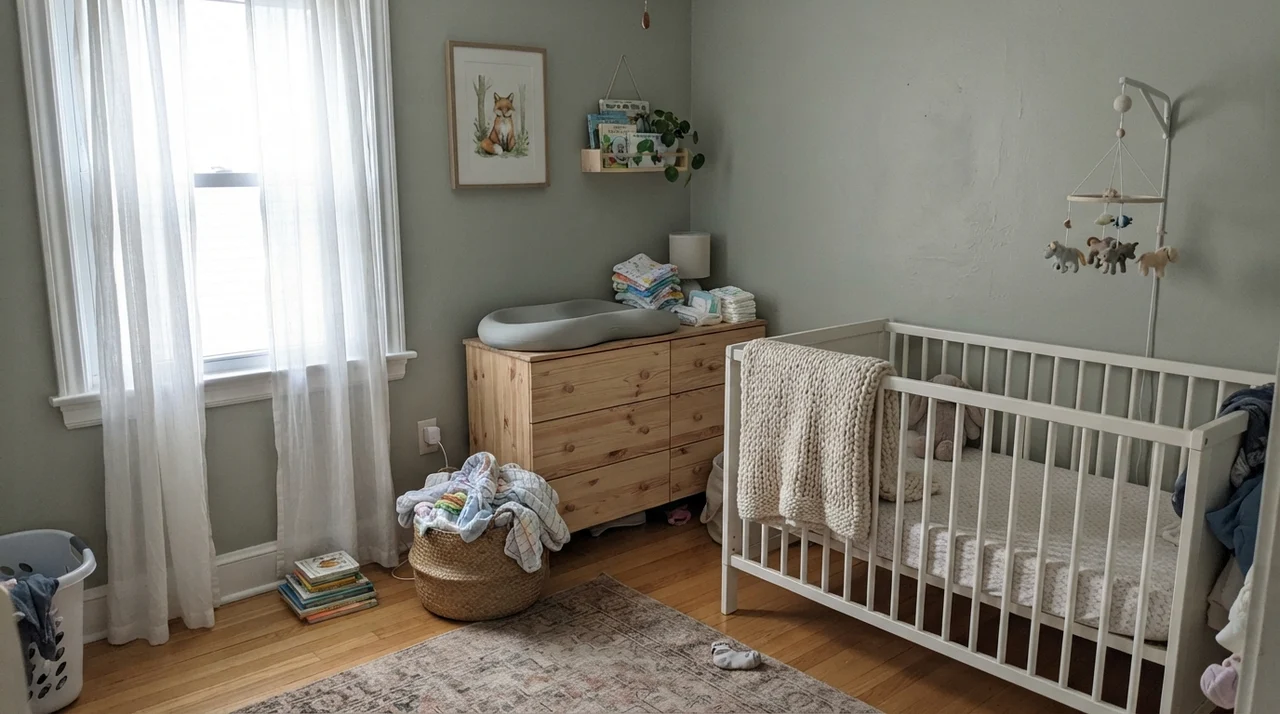 Nursery with painted walls, white crib, and light-wood changing dresser.
