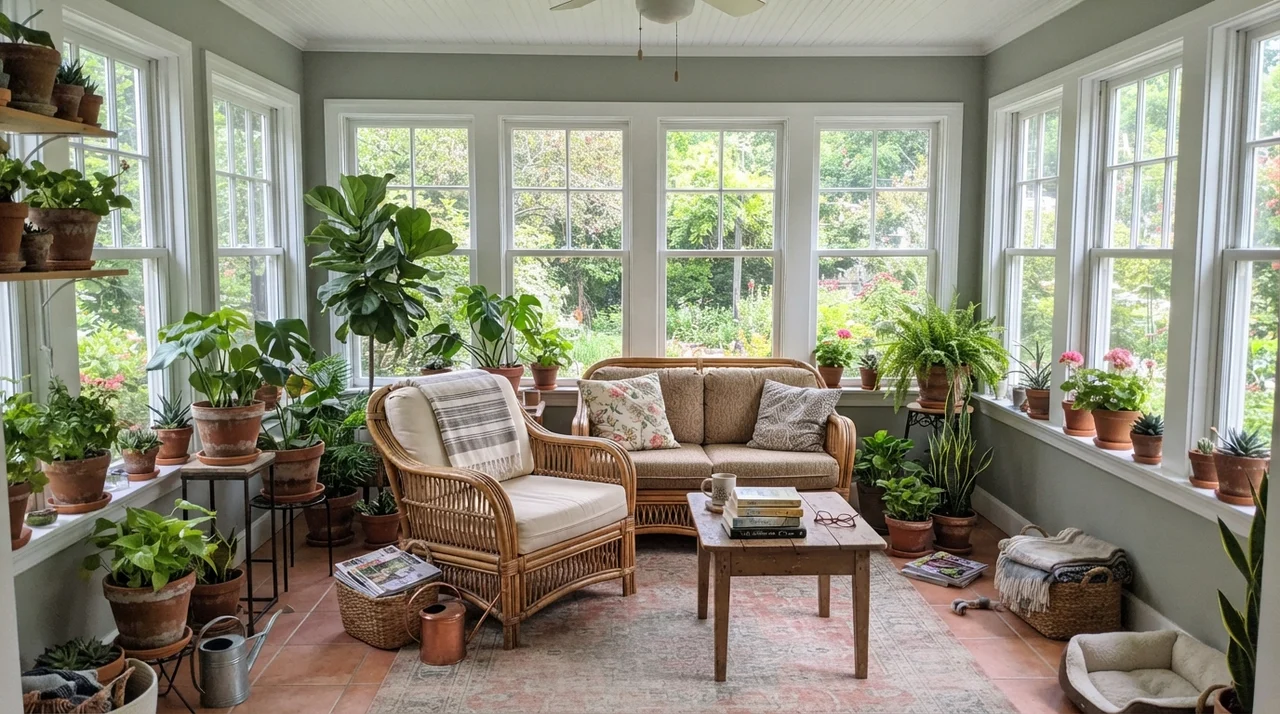 Sunroom with Oyster Bay painted wall sections between white-framed windows.