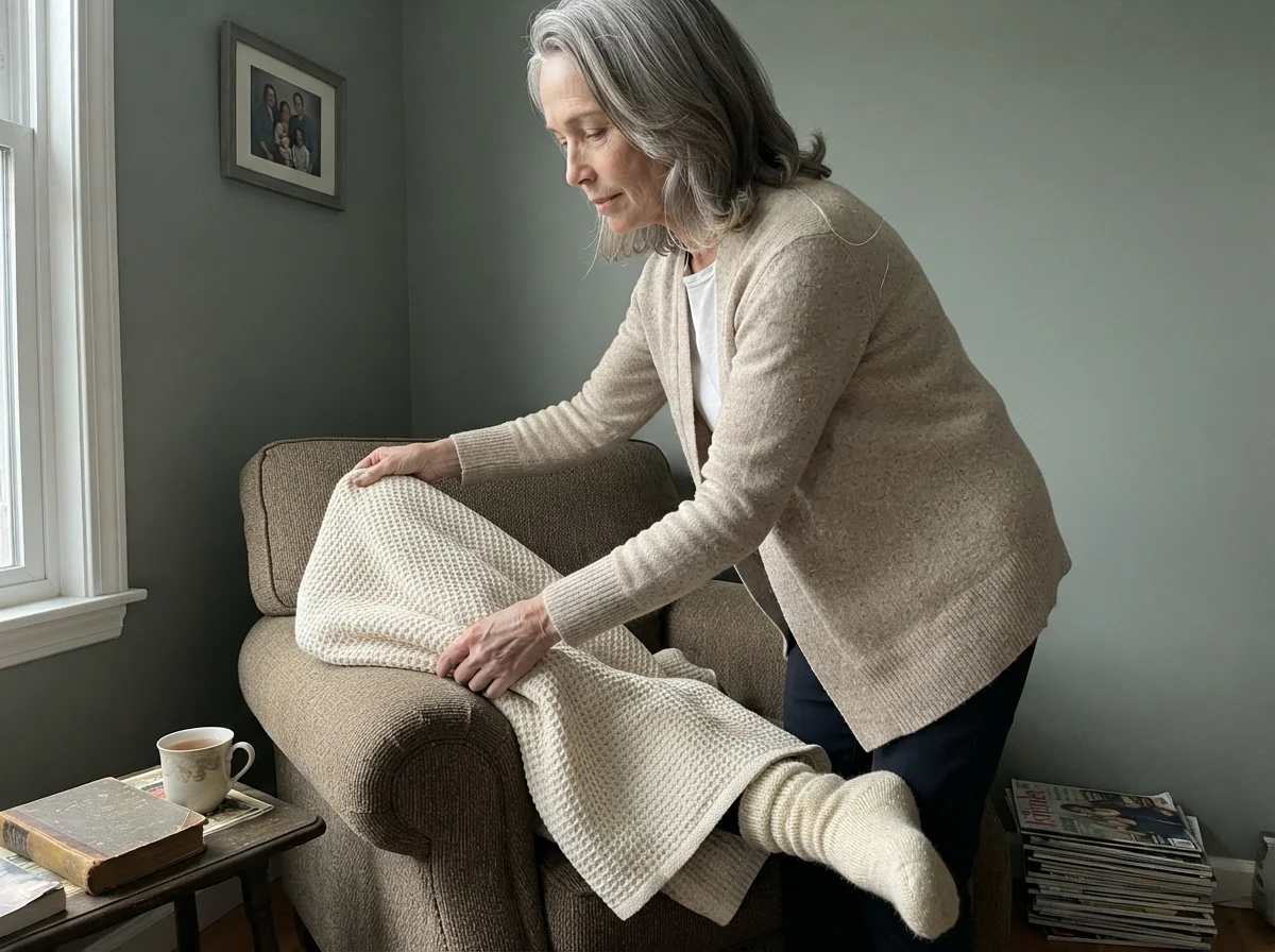 Susan Hartley folding a blanket in a cozy den with Oyster Bay walls.