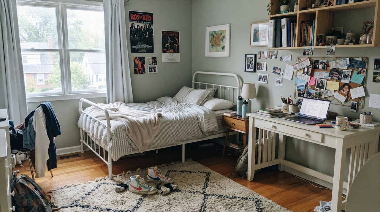 Teenager bedroom with painted walls, white metal bed, and open shelves.