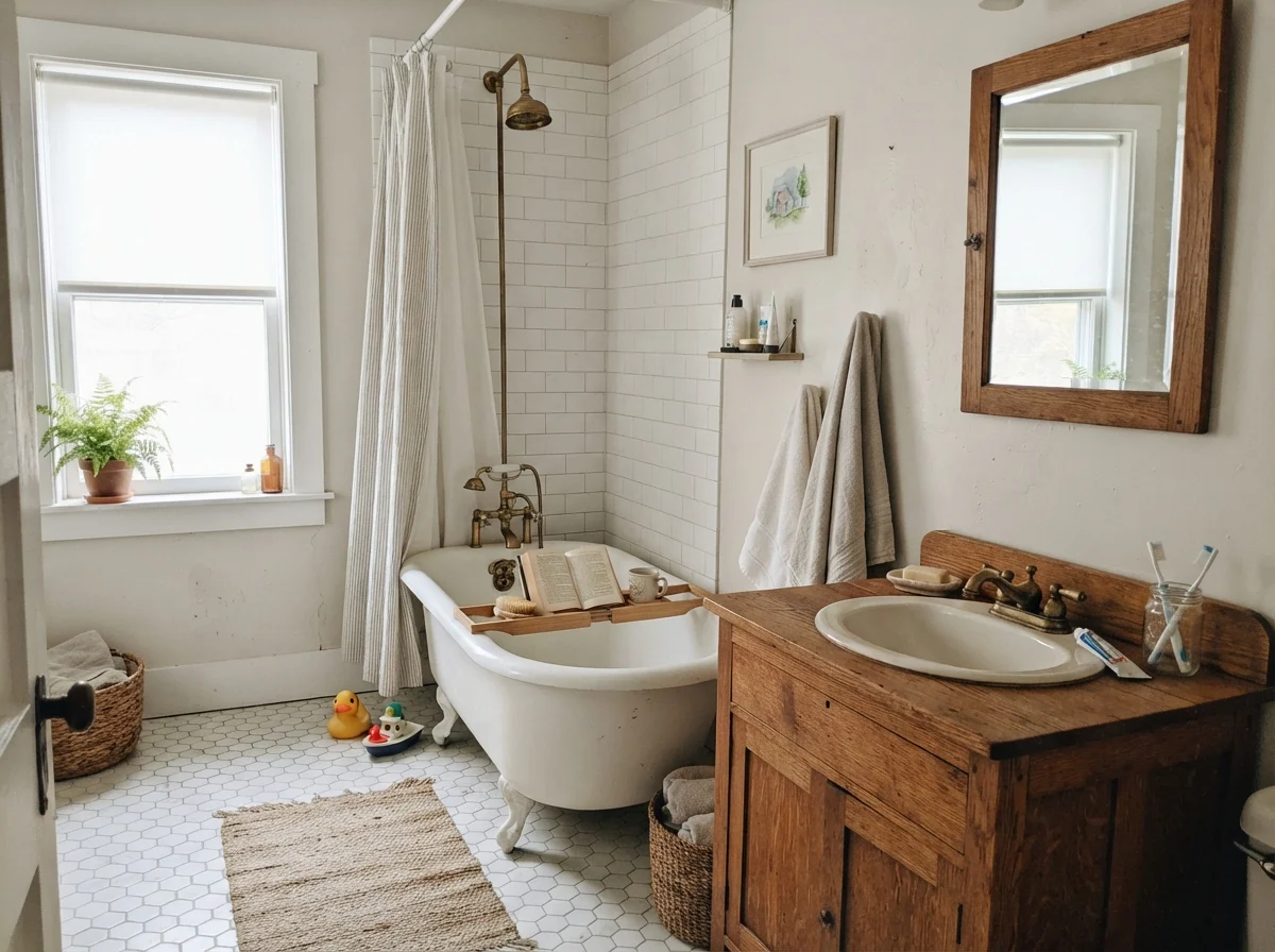 Cottage bathroom with clawfoot tub, white hex tile, warm oak vanity, and painted walls