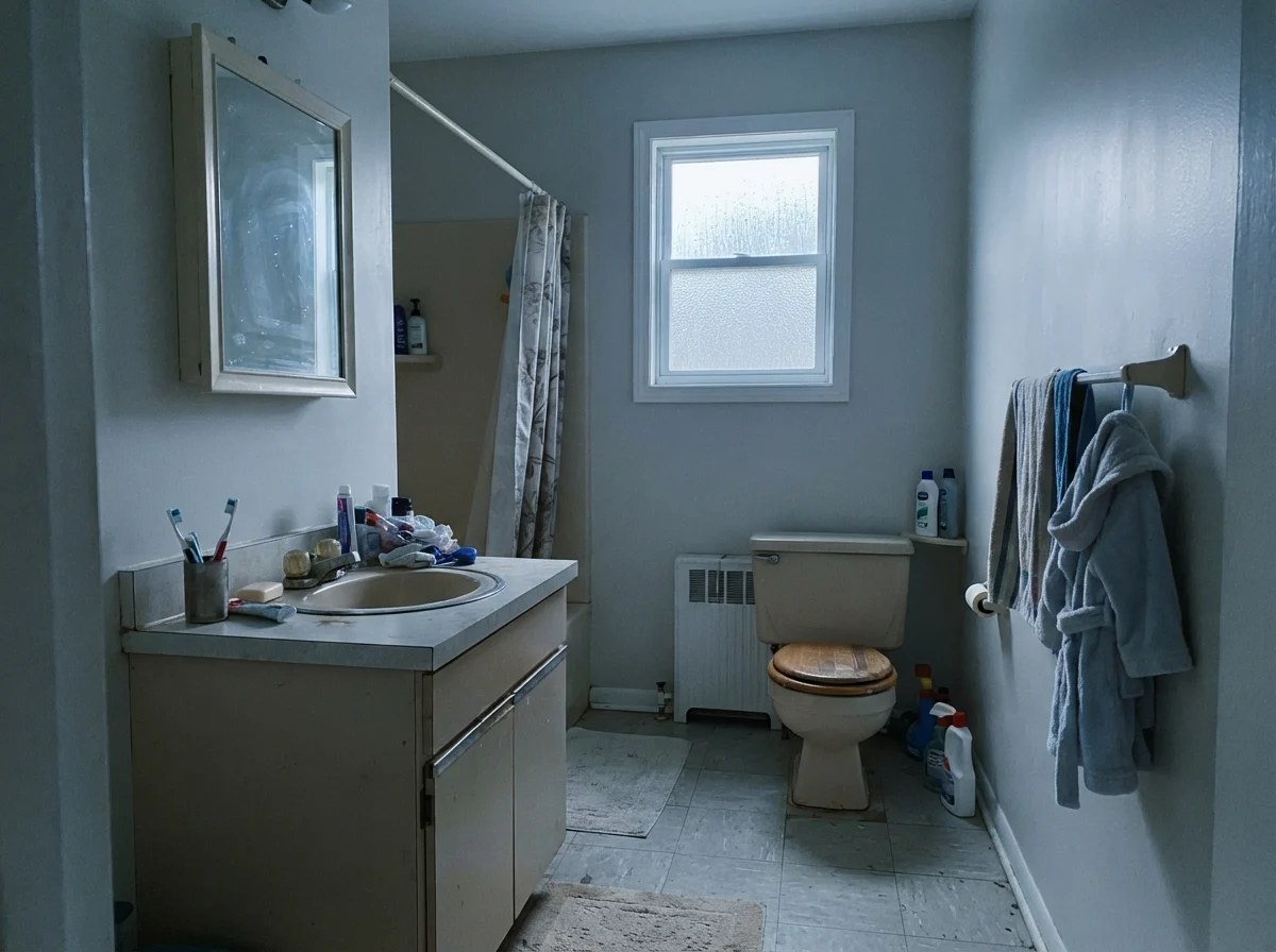 Modest dated bathroom with cool-cast painted walls and older beige vanity