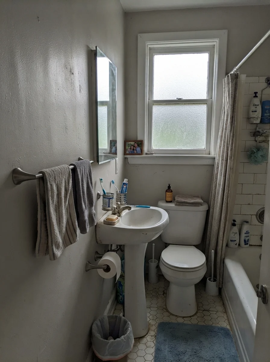 Small bathroom walls looking muted and gray in flat daylight by a plain towel bar