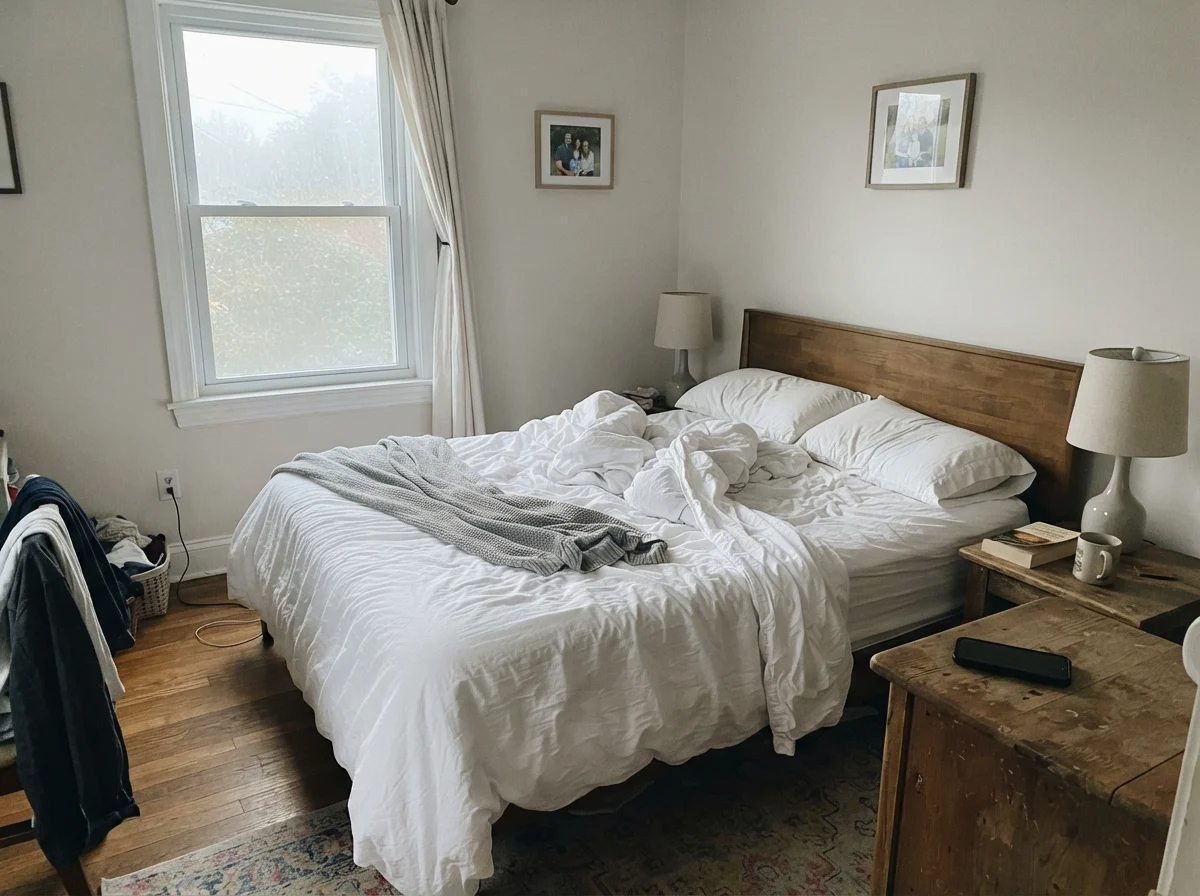 Bedroom with unmade white bedding, off lamp, and pale walls in cool morning light
