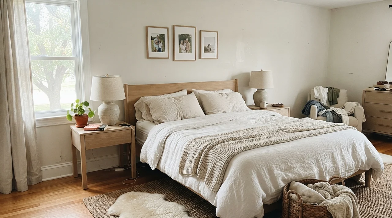 Main bedroom with painted walls, pale oak nightstands, white linens, and ceramic lamps