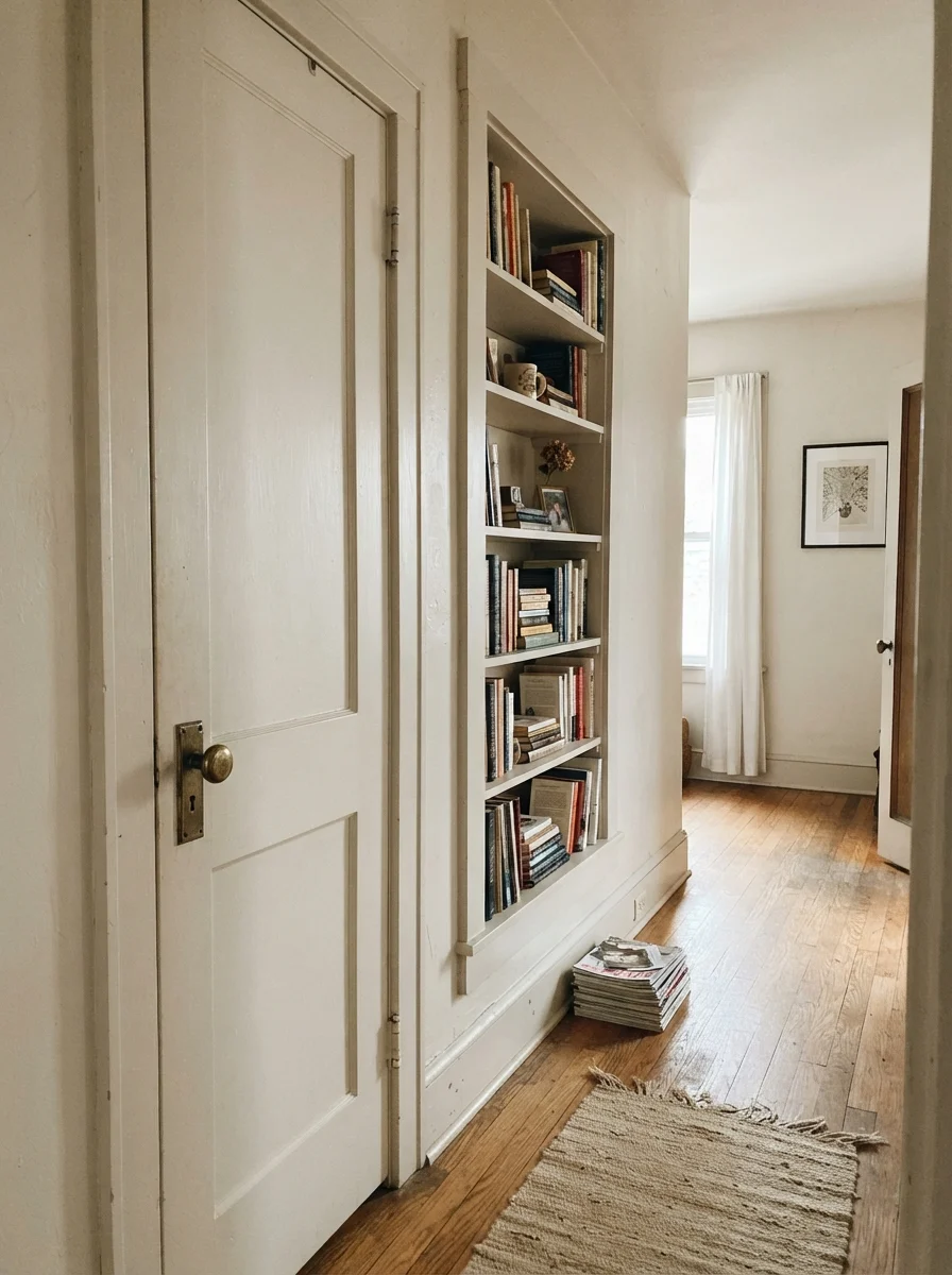Hallway door and built-in bookshelf painted in soft greige beside cream walls and wood floor