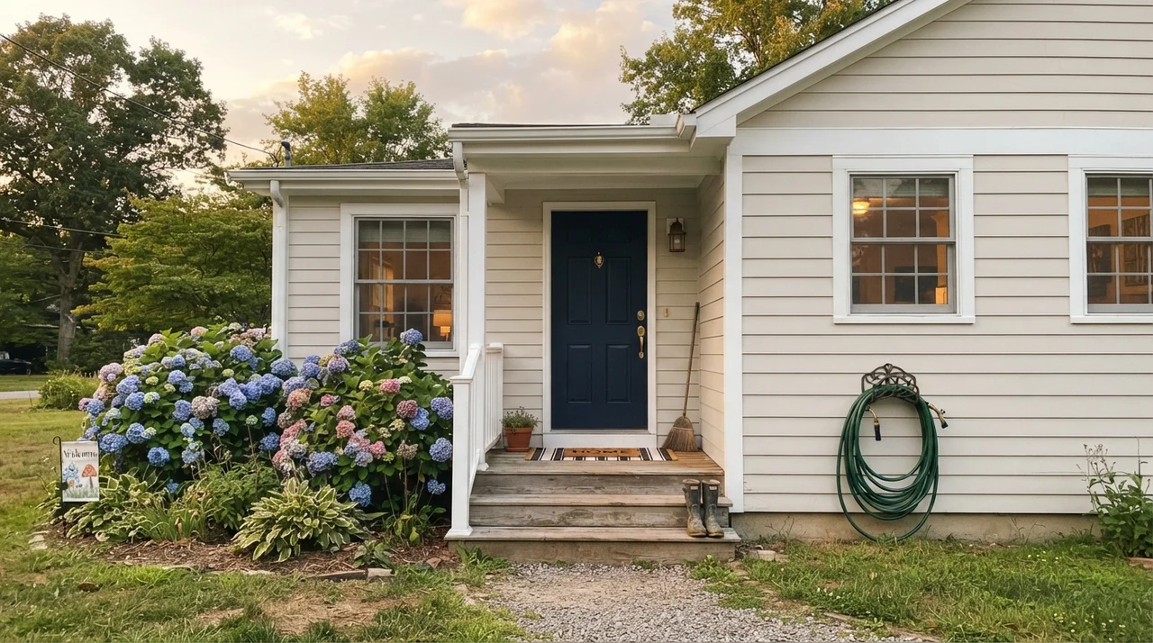 House exterior showing horizontal siding painted in Oyster White with white trim and dark navy front door