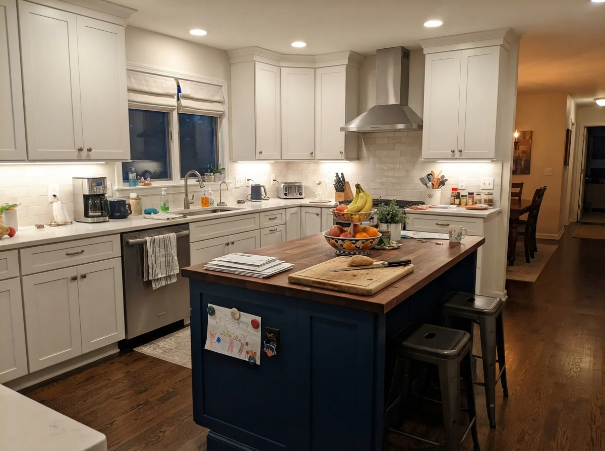 Kitchen island painted in soft greige surrounded by white perimeter cabinets and cream walls