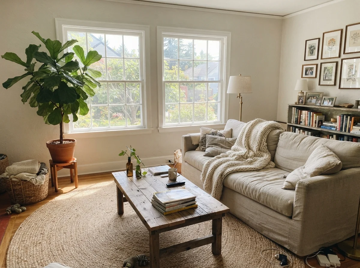 Sunlit living room with painted walls, linen sofa, wood coffee table, and jute rug